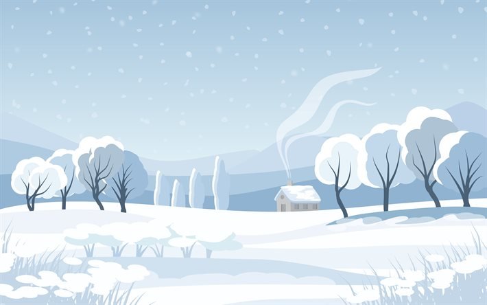 抽象的な冬の風景, 4k, 小屋, 抽象絵画, 山地, 抽象的な自然の背景, 冬の風景, 抽象的な風景