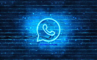 Logo bleu WhatsApp, 4k, brickwall bleu, logo WhatsApp, r&#233;seaux sociaux, logo n&#233;on WhatsApp, WhatsApp