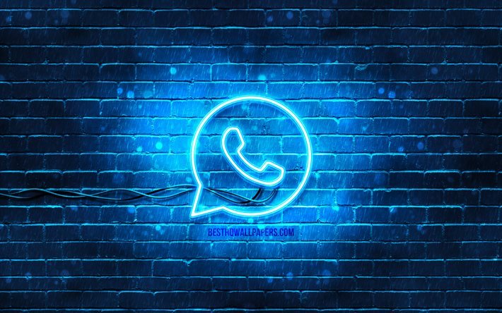 WhatsApp blue logo, 4k, blue brickwall, WhatsApp logo, social networks, WhatsApp neon logo, WhatsApp