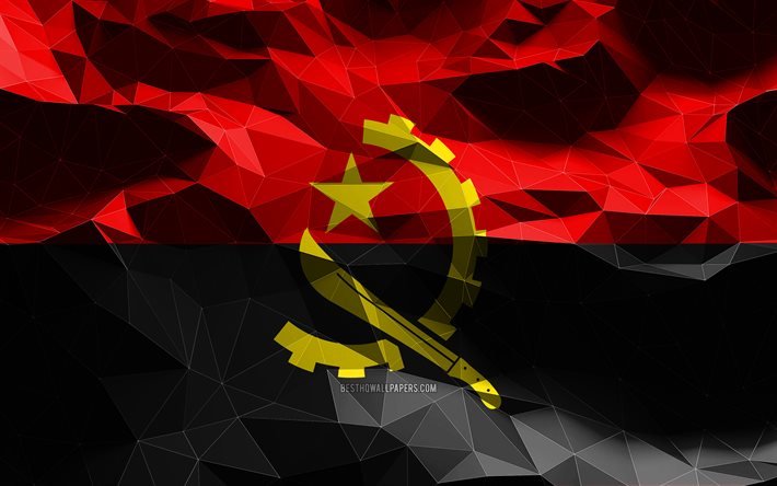 4k, drapeau angolais, art low poly, pays africains, symboles nationaux, drapeau de l&#39;Angola, drapeaux 3D, Angola, Afrique, drapeau 3D de l&#39;Angola