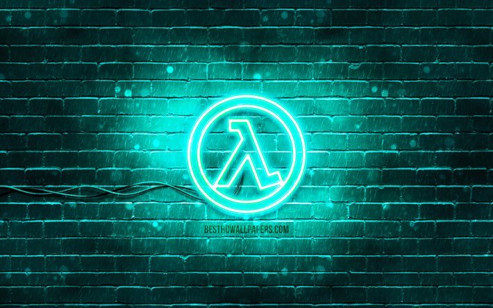 Half-Life turquoise logo, 4k, turquoise brickwall, Half-Life logo, 2020 games, Half-Life neon logo, Half-Life