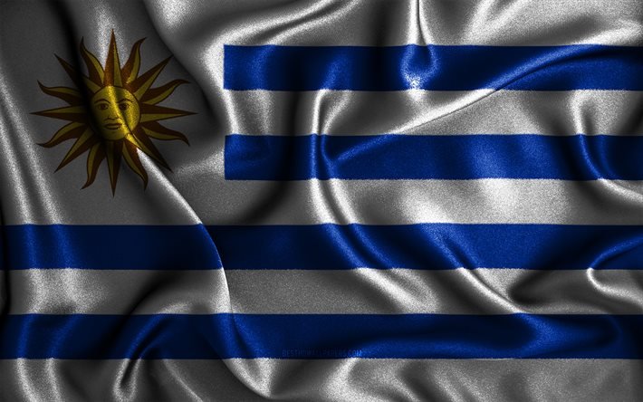 Bandiera uruguaiana, 4k, bandiere ondulate di seta, paesi sudamericani, simboli nazionali, bandiera dell&#39;Uruguay, bandiere in tessuto, arte 3D, Uruguay, Sud America, bandiera 3D dell&#39;Uruguay