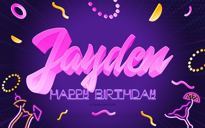 Grattis p&#229; f&#246;delsedagen Jayden, 4k, Purple Party Background, Jayden, kreativ konst, Grattis p&#229; Jayden f&#246;delsedag, Jayden namn, Jayden Birthday, Birthday Party Background