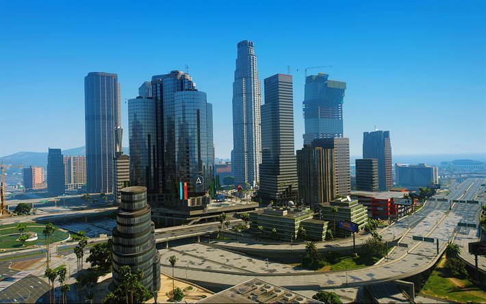 Los Santos, 4k, edifici moderni, citt&#224; americane, Los Angeles, Stati Uniti d&#39;America, America, citt&#224; della California, LA, citt&#224; di Los Angeles