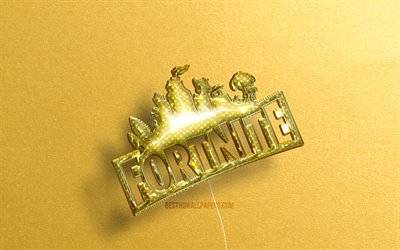 Fortnite 3D logo, yellow realistic balloons, 4k, Fortnite Battle Royale, games brands, Fortnite logo, yellow stone backgrounds, Fortnite