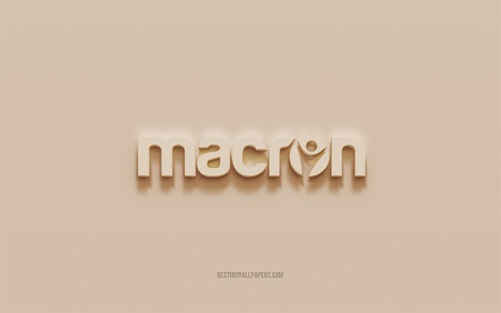 Logo Macron, sfondo in gesso marrone, logo Macron 3d, marchi, emblema Macron, arte 3d, Macron