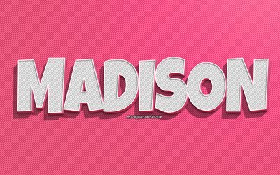 Madison, fond de lignes roses, fonds d&#39;&#233;cran avec des noms, nom de Madison, noms f&#233;minins, carte de voeux Madison, dessin au trait, photo avec le nom de Madison