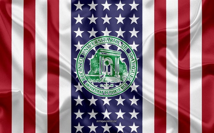 Mayaguez Amblemi&#39;nde Porto Riko &#220;niversitesi, Amerikan Bayrağı, Mayaguez logolu Porto Riko &#220;niversitesi, Mayaguez, Porto Riko, ABD, Mayaguez&#39;deki Porto Riko &#220;niversitesi
