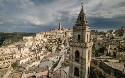 Matera, Sassi di Matera, ilta, kaunis vanhakaupunki, kappeli, Matera panorama, Basilicata, Italia