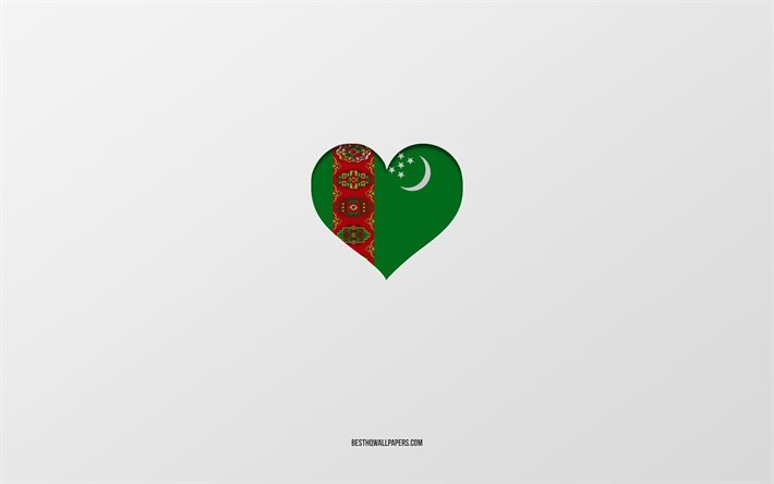 J’aime turkm&#233;nistan, pays d’Asie, Turkm&#233;nistan, fond gris, coeur drapeau du Turkm&#233;nistan, pays pr&#233;f&#233;r&#233;, Amour Turkm&#233;nistan