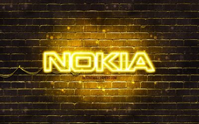Nokia yellow logo, 4k, yellow brickwall, Nokia logo, artwork, Nokia neon logo, Nokia