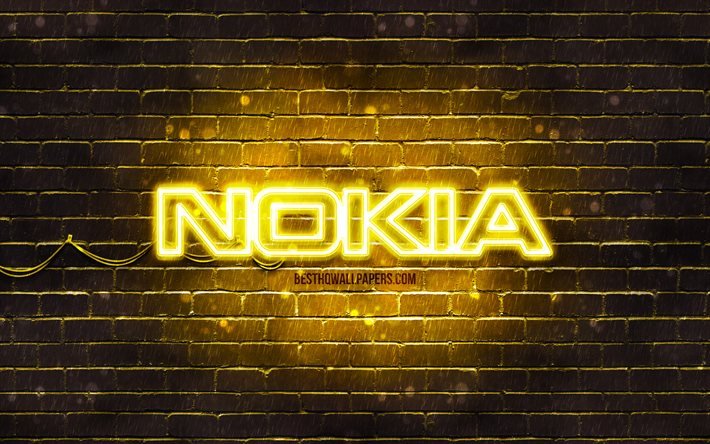 Logotipo amarelo Nokia, 4k, parede de tijolos amarelos, logotipo da Nokia, arte, logotipo nokia neon, Nokia