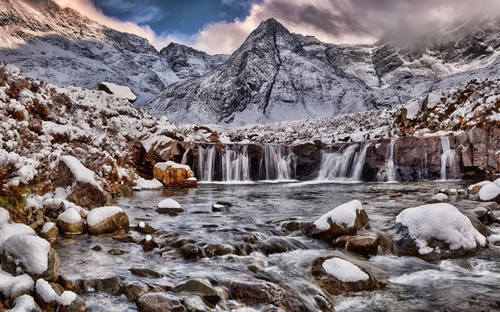 Ilha de Skye, 4k, inverno, cachoeiras, montanhas, Esc&#243;cia, Reino Unido, natureza bonita, HDR