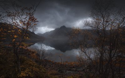 manh&#227;, outono, lago, paisagem de outono, montanhas, nublado