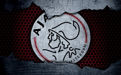 Ajax, 4k, logo, Eredivisie, soccer, football club, Netherlands, grunge, metal texture, Ajax FC