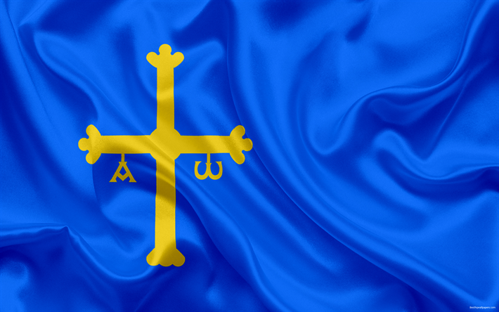 Flag of Asturias, autonomous community, Spain, Asturian principality, silk flag, coat of arms