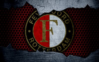 Feyenoord, 4k, logo, Eredivisie, soccer, football club, Netherlands, grunge, metal texture, Feyenoord FC