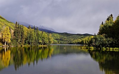 Bonnie Lake, 4k, Canada, mountains, forest, autumn, beautiful lakes