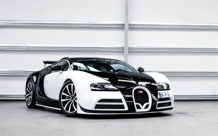Bugatti Veyron mansory viver, 4K, escritorio, Veyron, tuning, Blanco-Negro Veyron, supercar, Bugatti