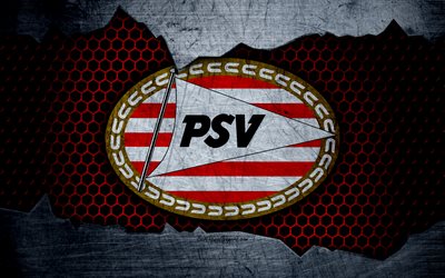 PSV, 4k, logo, Eredivisie, soccer, football club, Netherlands, PSV Eindhoven, grunge, metal texture, PSV FC