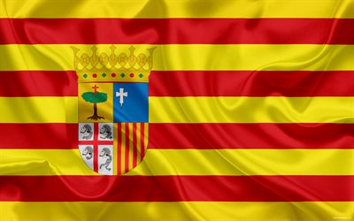 Flag of Aragon, autonomous community, province, Aragon, Spain, silk flag, Aragon coat of arms