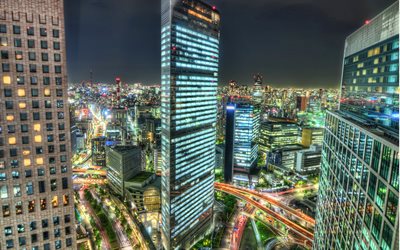 Tokyo, 4k, HDR, natt, skyskrapor, Asien, Japan