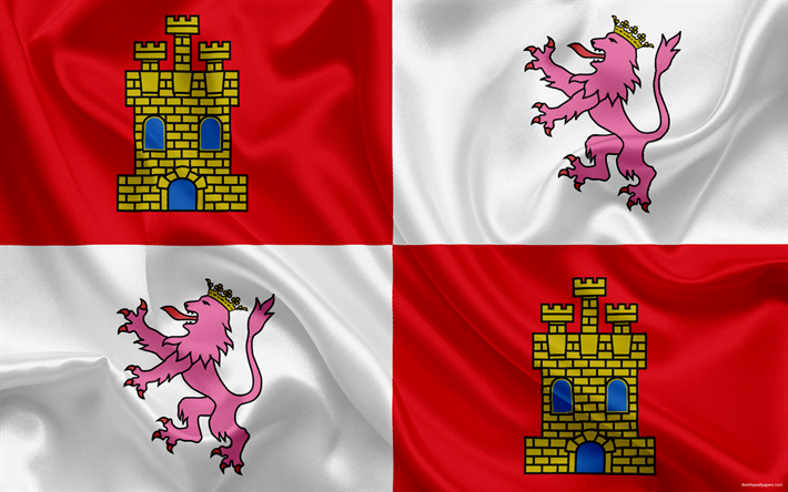 Bandeira de Castela e Le&#227;o, comunidade aut&#244;noma, prov&#237;ncia, Espanha, seda bandeira, bras&#227;o de armas