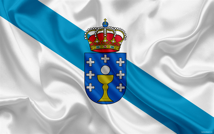 Flag of Galicia, autonomous community, province, Spain, silk flag, Galicia coat of arms