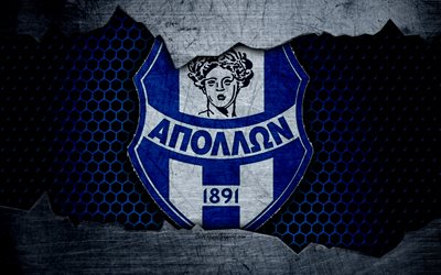 Apollon Smyrni, 4k, logo, greco Super League, soccer, football club, Grecia, grunge, struttura del metallo, Apollon Smyrni FC