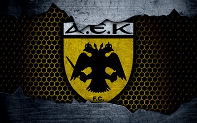 AEK Athens, 4k, logo, Greek Super League, soccer, football club, Greece, AEK, grunge, metal texture, Apollon AEK Athens FC