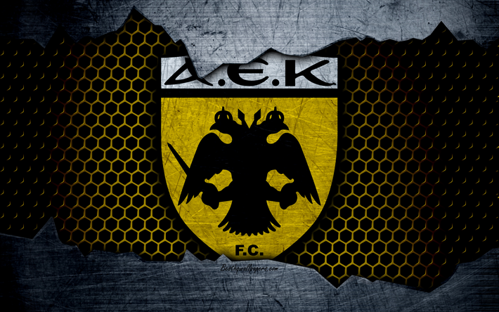 AEK Aten, 4k, logotyp, Grekiska Super League, fotboll, football club, Grekland, AEK, grunge, metall textur, Apollon AEK Aten FC