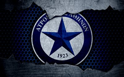 Atromitos, 4k, logotyp, Grekiska Super League, fotboll, football club, Grekland, grunge, metall textur, Atromitos FC