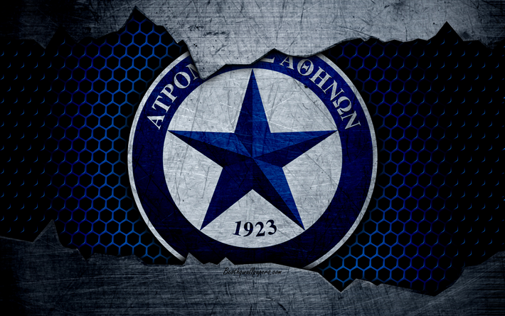Atromitos, 4k, شعار, اليونانية الدوري الممتاز, كرة القدم, نادي كرة القدم, اليونان, الجرونج, الملمس المعدني, Atromitos FC