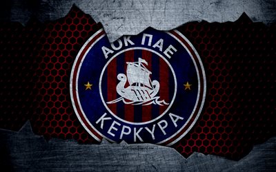 Kerkyra, 4k, logotipo, grecia Super League, f&#250;tbol, club de f&#250;tbol, Grecia, PAE Kerkyra, grunge, metal, textura, Kerkyra FC