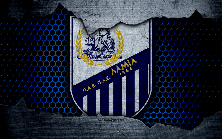 Lamia, 4k, logo, Yunan S&#252;per Ligi, futbol, futbol kul&#252;b&#252;, Yunanistan, PAS Lamia, grunge, metal doku, Lamia FC