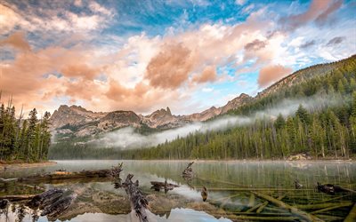 mountain lake, sunrise, morning mountains, forest, fog, mountain landscape, USA