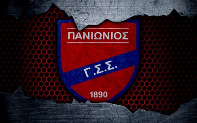Panionios, 4k, le logo, les grecs Super League, football, club de football, Gr&#232;ce, grunge, m&#233;tal, texture, Panionios FC