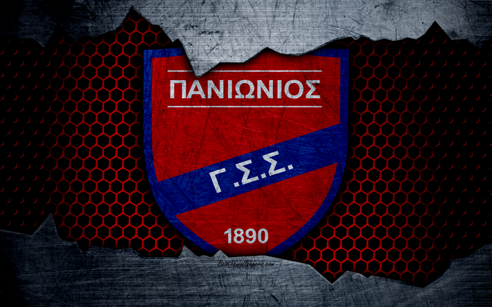 Panionios, 4k, logo, Greek Super League, soccer, football club, Greece, grunge, metal texture, Panionios FC