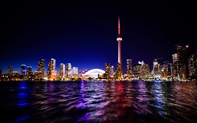 Toronto, CN Tower, noturnas, arranha-c&#233;us, Canada