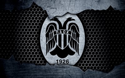 PAOK, 4k, logo, Greek Super League, soccer, football club, Greece, grunge, metal texture, PAOK FC
