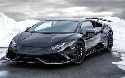 4k, Lamborghini Huracan, 2017, Mansory, supercar, noir Huracan, voiture de course, l&#39;hiver, la neige, la Lamborghini
