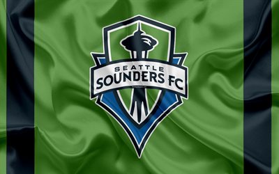 Seattle Sounders FC, Amerikansk Football Club, MLS, Major League Soccer, emblem, logotyp, silk flag, Seattle, Washington, USA, fotboll