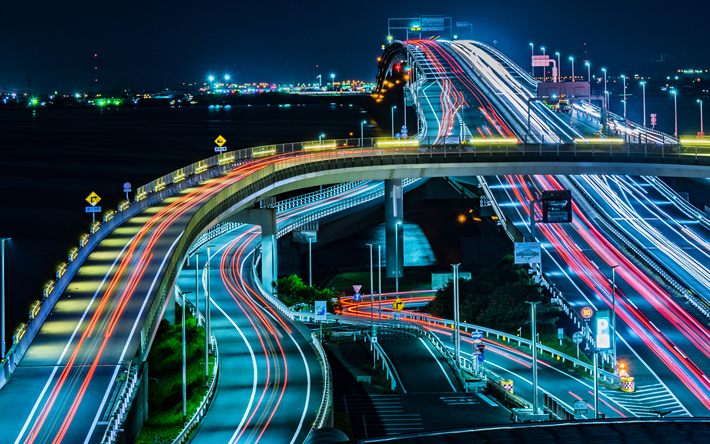 La Baia di Tokyo, Aqua-Line, 4k, le luci del traffico, autostrada, Tokyo, Asiatico, giapponese, punti di riferimento, Giappone