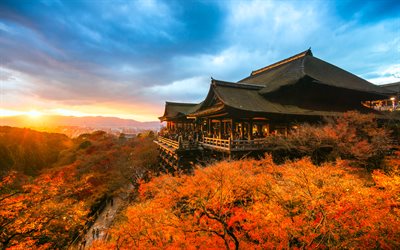 Kiyomizudera, 4k, giapponese, punti di riferimento, autunno, tramonto, Kyoto, Giappone