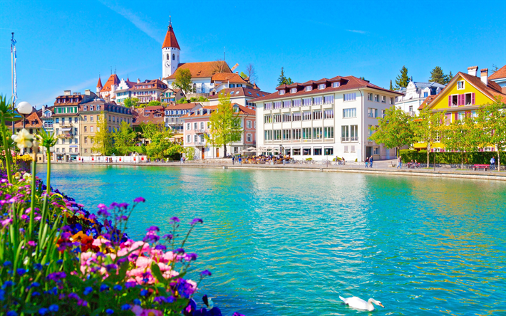 Thun, Castello, centro storico, fiume azzurro, estate, Fiume Aare, Svizzera