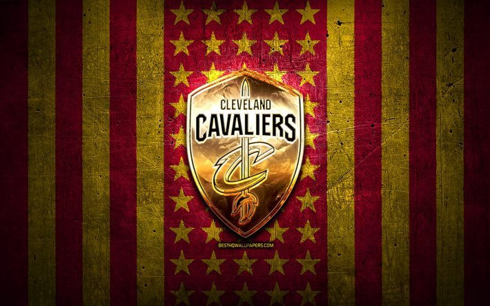 Cleveland Cavaliers flag, NBA, yellow purple metal background, american basketball club, Cleveland Cavaliers logo, CAVS, USA, basketball, golden logo, Cleveland Cavaliers, CAVS logo