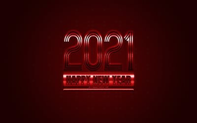 2021 Ano Novo, 2021 fundo Vermelho, 2021 conceitos, Feliz Ano Novo 2021, Vermelho de textura de carbono, Fundo vermelho