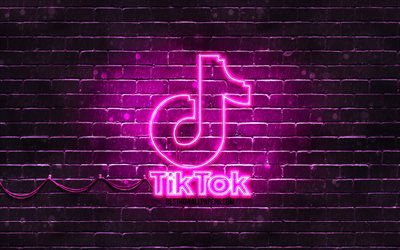 TikTok mor logo, 4k, mor brickwall, TikTok logo, sosyal ağlar, neon logo TikTok, TikTok