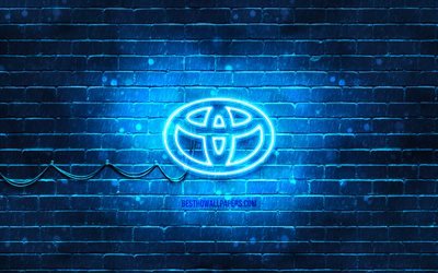 Toyota blue logo, 4k, blue brickwall, Toyota logo, cars brands, Toyota neon logo, Toyota