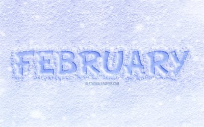 4k, febbraio, lettere di ghiaccio, sfondo bianco, inverno, concetti di febbraio, febbraio su ghiaccio, mese di febbraio, mesi invernali